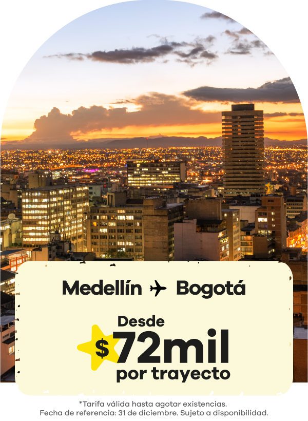 Oferta de vuelos Medellín Bogotá con precios desde $72 mil por trayecto, ideal para viajes nacionales económicos en Colombia.
