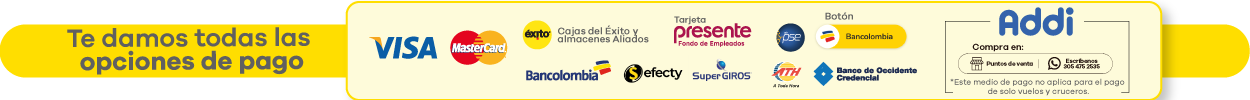 medios de pago aceptados por Viajes Éxito, incluyendo tarjetas de crédito, débito, bancos, puntos físicos, billeteras digitales y financiación con Addi
