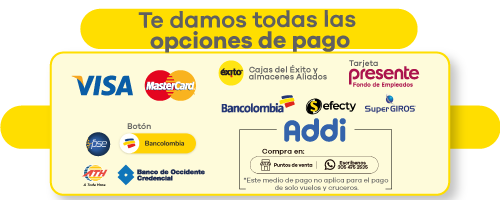 medios de pago aceptados por Viajes Éxito, incluyendo tarjetas de crédito, débito, bancos, puntos físicos, billeteras digitales y financiación con Addi