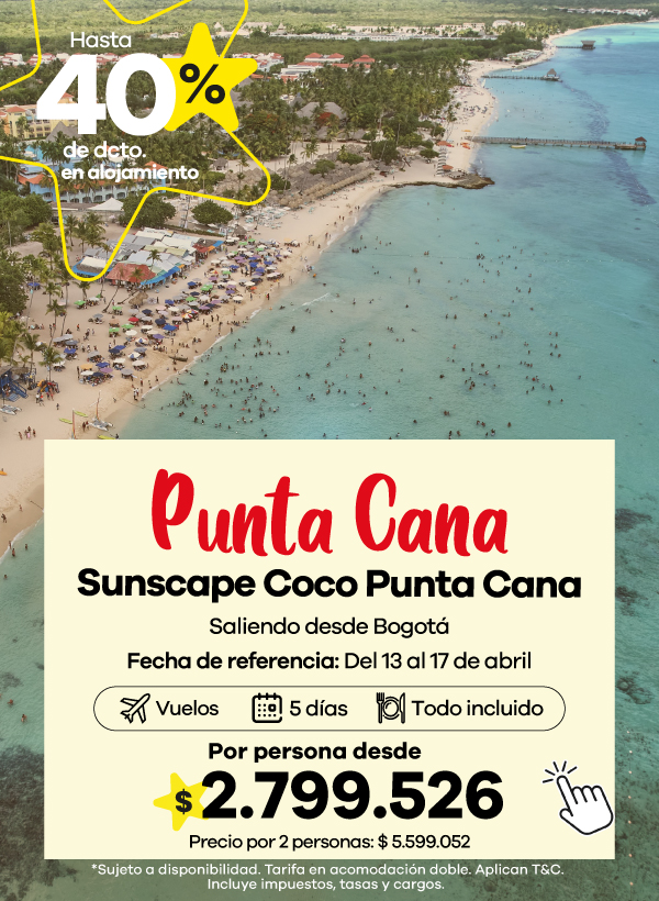 Vista aérea de playa en Punta Cana con resort Sunscape Coco, oferta de hasta 40% de descuento en alojamiento, incluye vuelos y plan todo incluido.