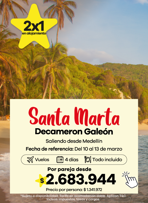 Playa tropical en Santa Marta con hotel Decameron Galeón, promoción de alojamiento todo incluido con descuento.