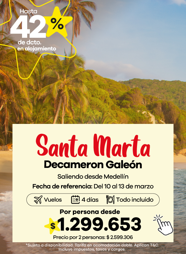Playa tropical en Santa Marta con hotel Decameron Galeón, promoción de alojamiento todo incluido con descuento.