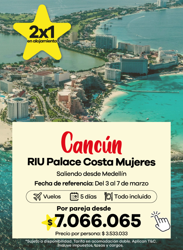 Resort RIU Palace Costa Mujeres en Cancún con vista aérea a playas turquesa y hotel todo incluido
