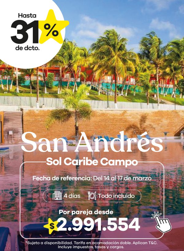Resort rodeado de palmeras y piscina en Sol Caribe Campo San Andrés con promoción en alojamiento todo incluido.