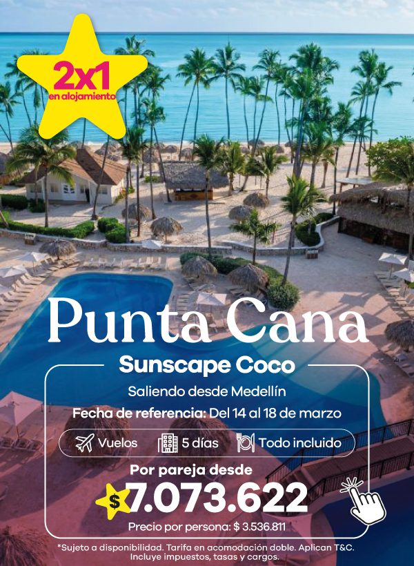 Resort frente al mar en Punta Cana con piscinas y palmeras. Promoción 2x1 en alojamiento con vuelos y plan todo incluido.