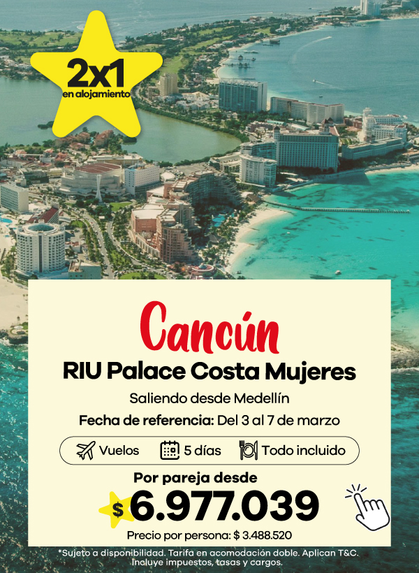 Vista aérea de Cancún con el resort RIU Palace Costa Mujeres, rodeado de playas de agua turquesa, complejo hotelero todo incluido ideal para vacaciones en pareja