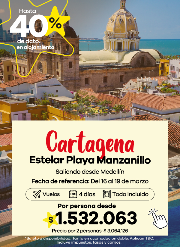 Vista panorámica de Cartagena y hotel Estelar Playa Manzanillo, paquete con vuelos y alojamiento todo incluido.