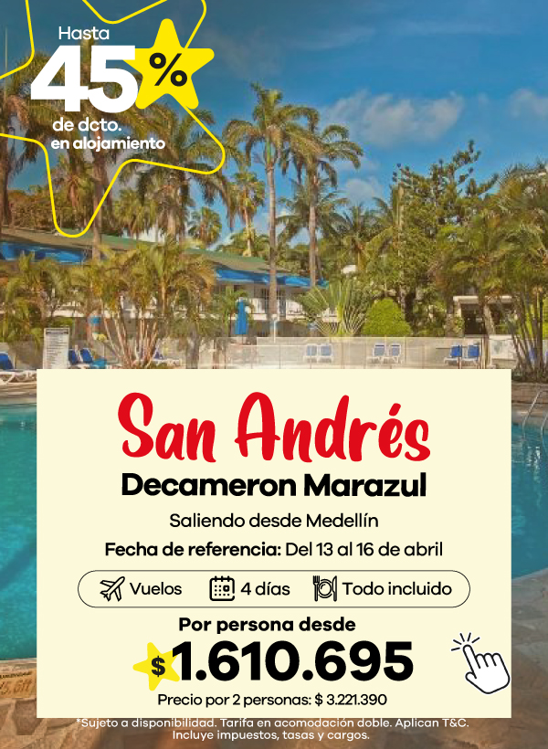 Paquete turístico a San Andrés en el hotel Decameron Marazul con vuelos incluidos, plan todo incluido y descuento especial en alojamiento.