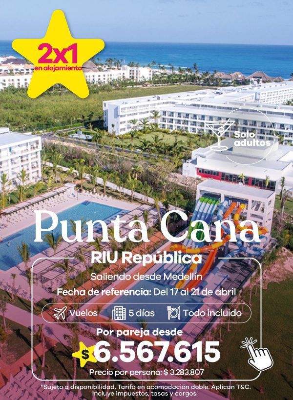 Complejo hotelero RIU República en Punta Cana con piscinas y zona acuática. Promoción 2x1 en alojamiento, plan todo incluido y ambiente solo para adultos.