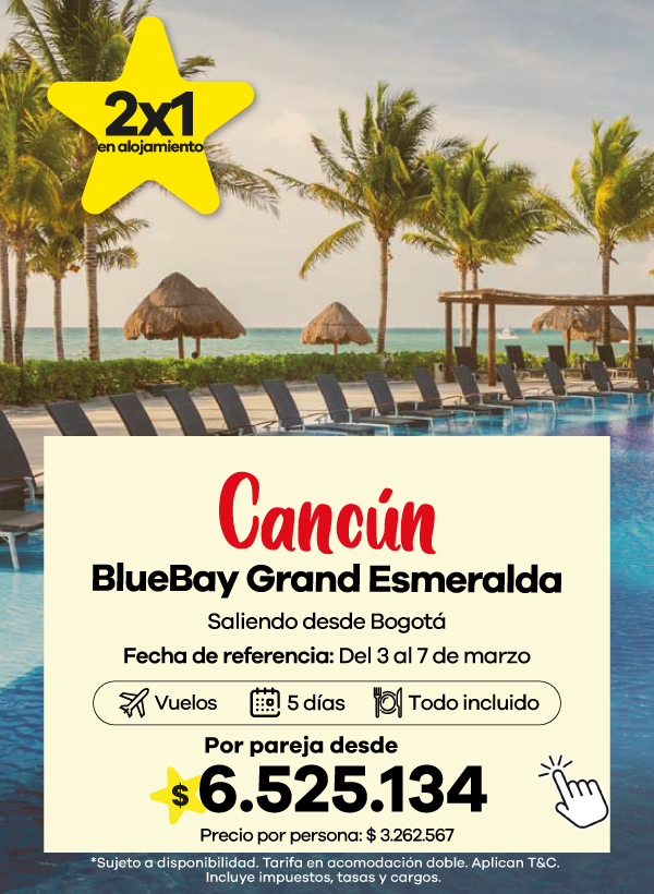 Resort BlueBay Grand Esmeralda en Cancún con piscina y playa, plan todo incluido con vuelos desde Bogotá.