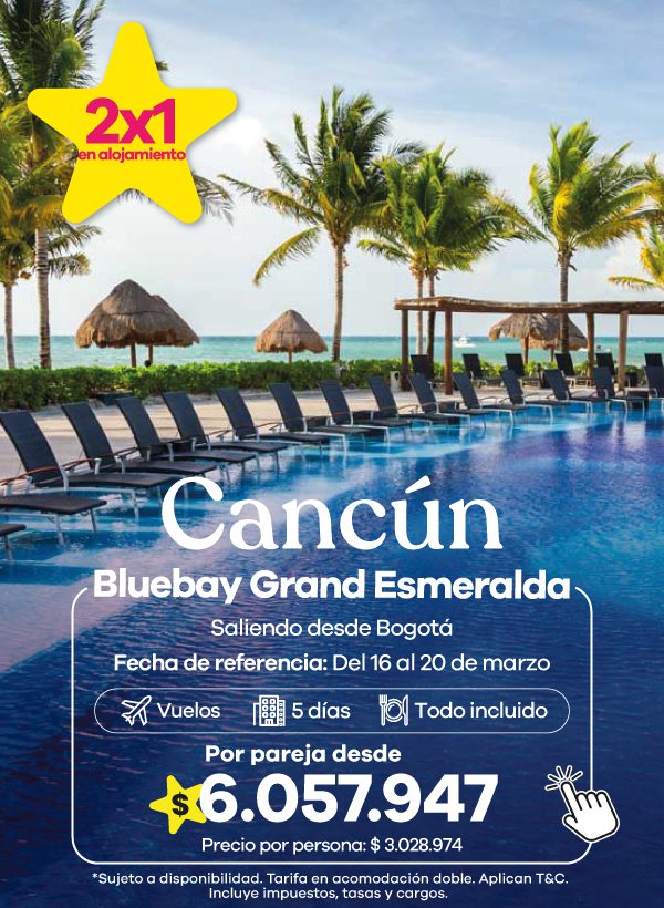 Piscina frente al mar en resort Bluebay Grand Esmeralda en Cancún. Promoción 2x1 en alojamiento con vuelos incluidos y plan todo incluido.
