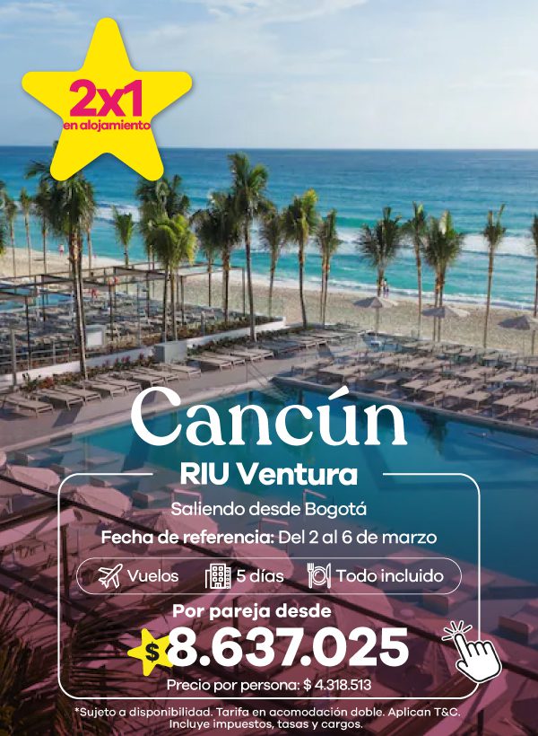 Piscina y zona de playa en hotel RIU Ventura en Cancún. Promoción 2x1 en alojamiento con vuelos incluidos y plan todo incluido.