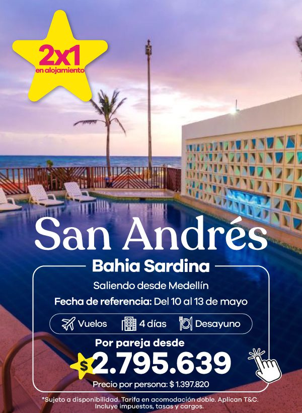 Piscina con vista al mar en hotel Bahía Sardina, San Andrés. Promoción 2x1 en alojamiento con vuelos incluidos y plan con desayuno.
