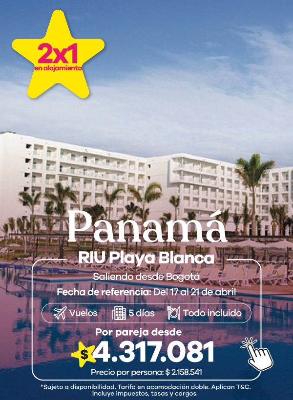 Resort RIU Playa Blanca en Panamá con piscina amplia y vista al mar. Promoción 2x1 en alojamiento con vuelos y plan todo incluido.