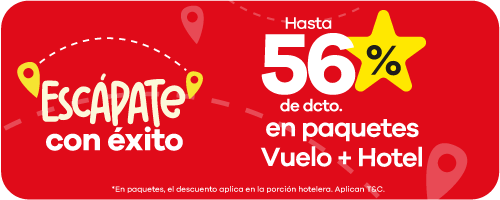Escápate con Éxito con hasta 56% de descuento en paquetes vuelo más hotel. Promoción sujeta a términos y condiciones.