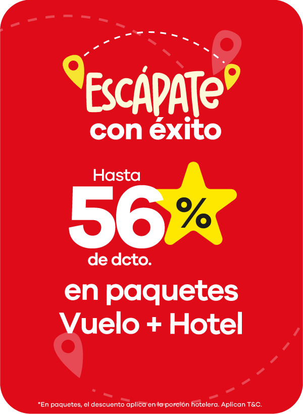 Escápate con Éxito con hasta 56% de descuento en paquetes de viaje que incluyen vuelo y hotel. Aplican términos y condiciones.