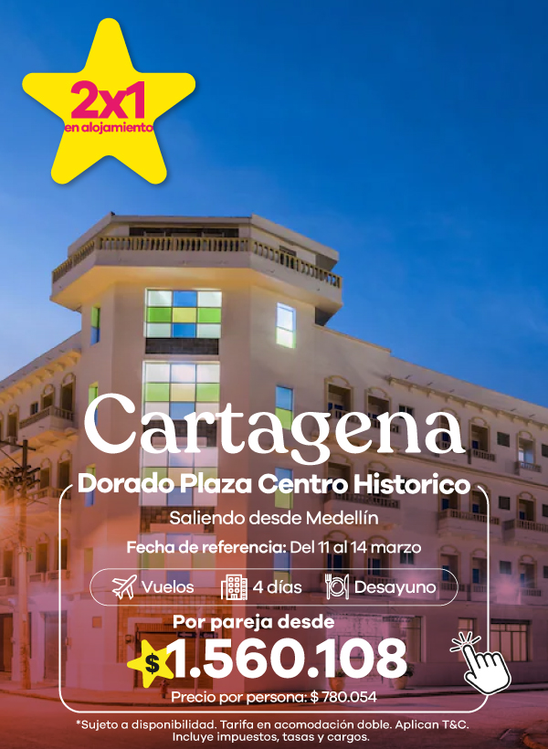Cartagena en el hotel Dorado Plaza Centro Histórico. Incluye vuelos, 4 días de estadía con desayuno y oferta 2x1 en alojamiento.