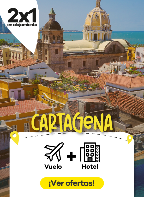Cartagena con paquetes que incluyen vuelo y hotel, destacando oferta 2x1 en alojamiento y opción para ver ofertas disponibles.