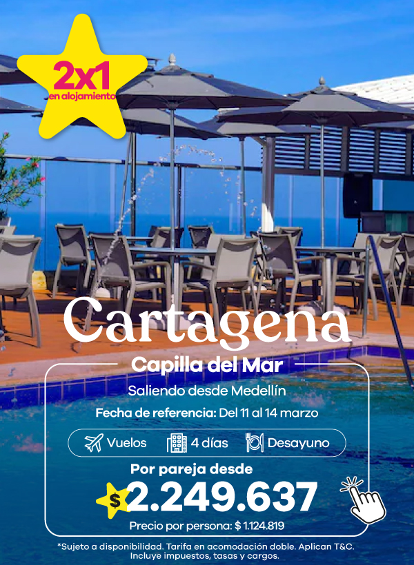 Cartagena en Capilla del Mar. Plan con vuelos, 4 días y desayuno incluido, con beneficio 2x1 en alojamiento.