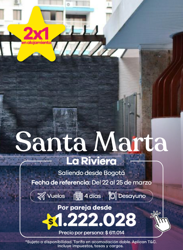 Santa Marta en Hotel La Riviera. Incluye vuelos, 4 días con desayuno y oferta 2x1 en alojamiento.