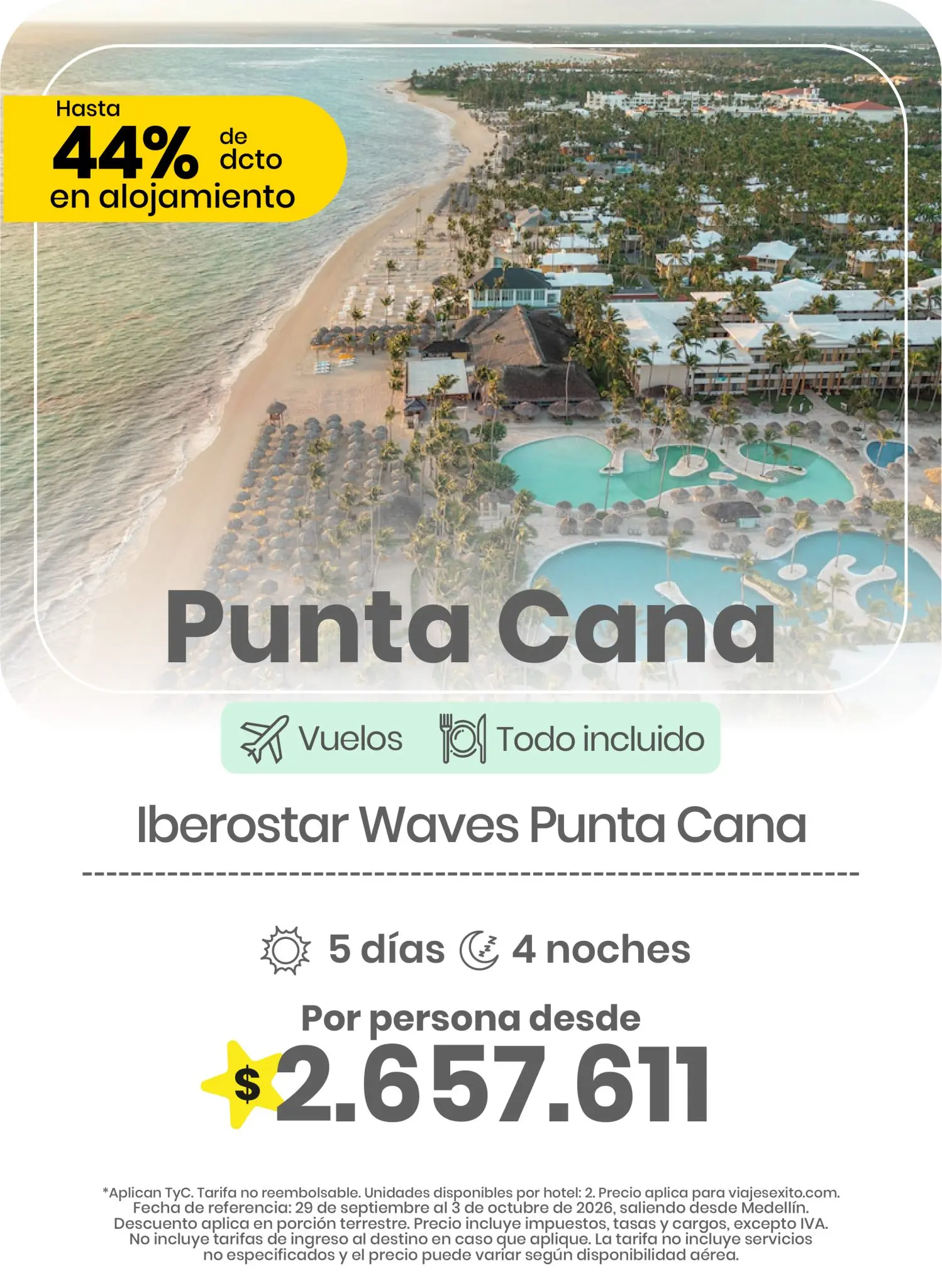 Tarjeta de oferta de viaje de Viajes Éxito en la sección «Carrousel Paquetes Todo Incluido»