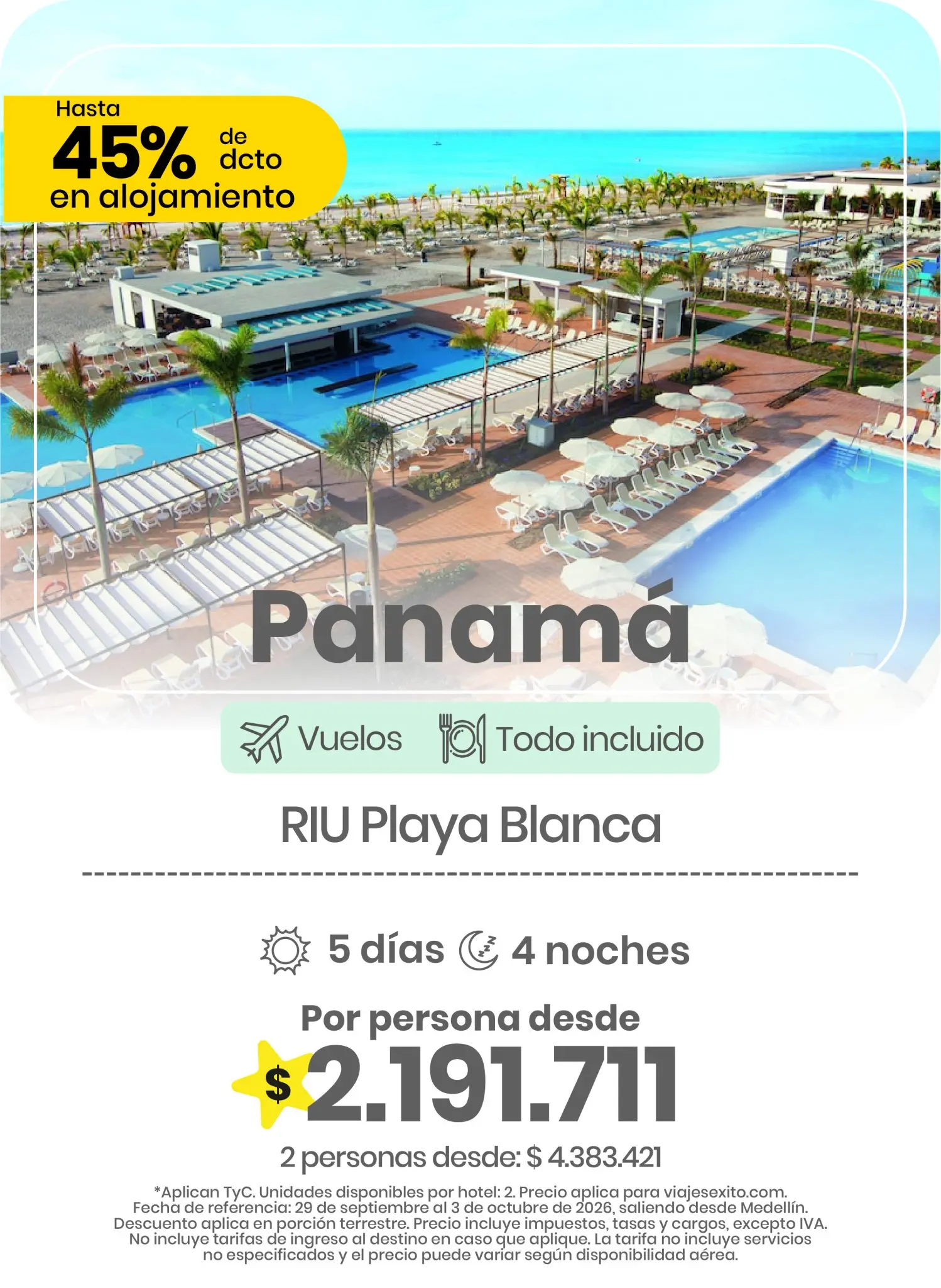Tarjeta de oferta de viaje de Viajes Éxito en la sección «Carrousel Paquetes Todo Incluido»