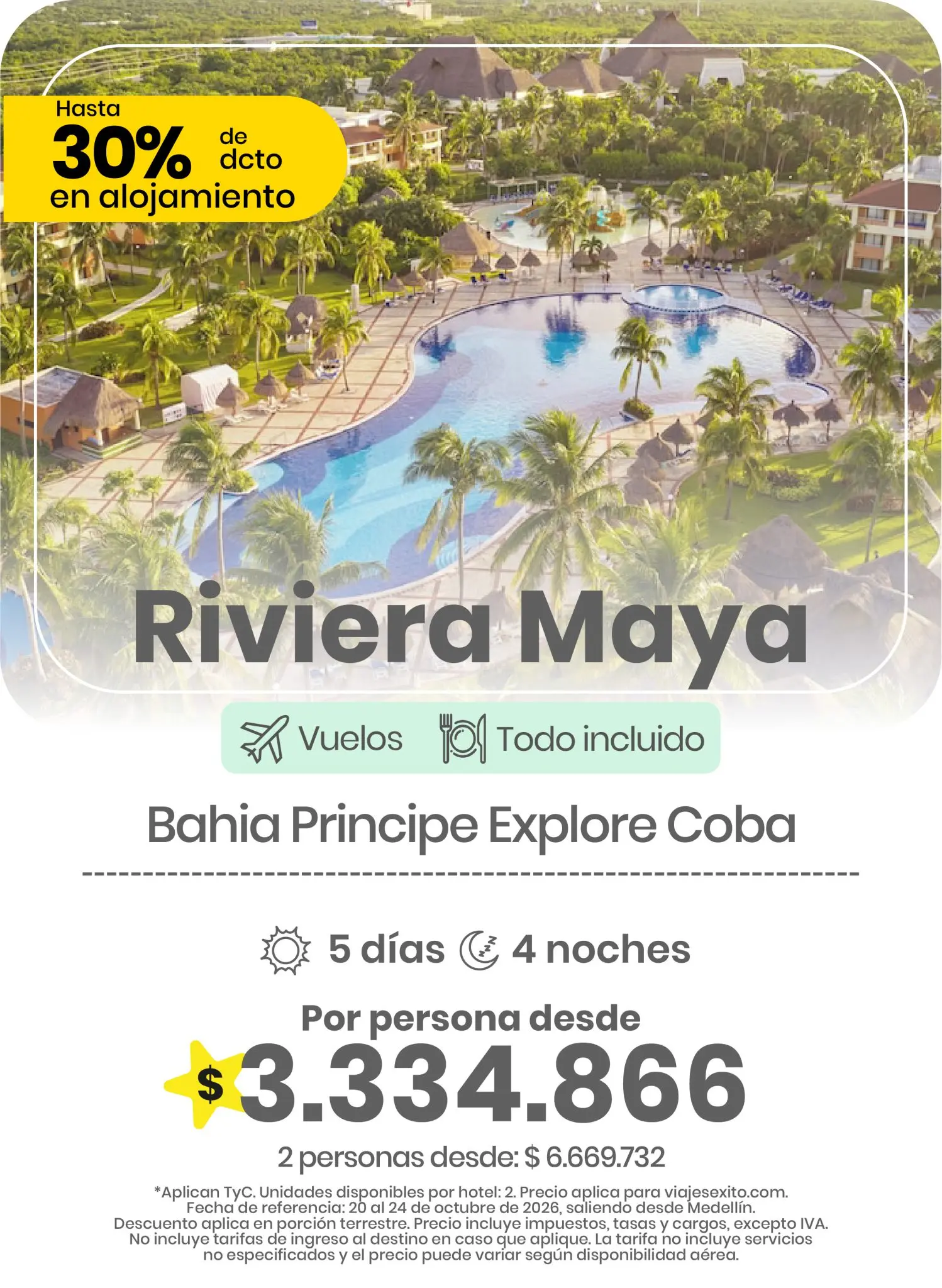 Tarjeta de oferta de viaje de Viajes Éxito en la sección «Carrousel Paquetes Todo Incluido»