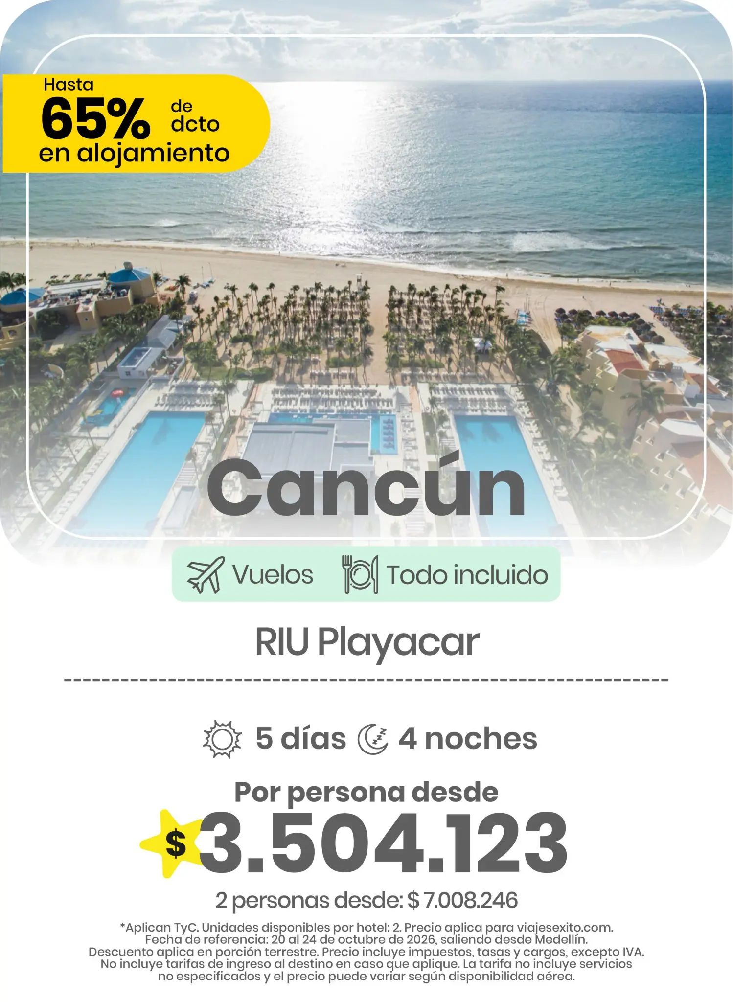 Tarjeta de oferta de viaje de Viajes Éxito en la sección «Carrousel Paquetes Todo Incluido»