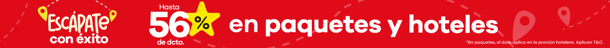 campaña Escápate con Éxito con hasta 56% de descuento en paquetes y hoteles. Aplica condiciones y términos.