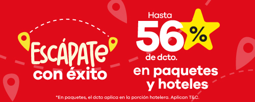 campaña Escápate con Éxito con hasta 56% de descuento en paquetes y hoteles. Aplica condiciones y términos.