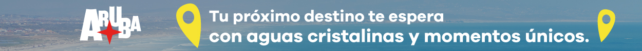 Banner promocional de Aruba con el lema "Tu próximo destino te espera con aguas cristalinas y momentos únicos" sobre el mar, con dos marcadores amarillos a los lados.