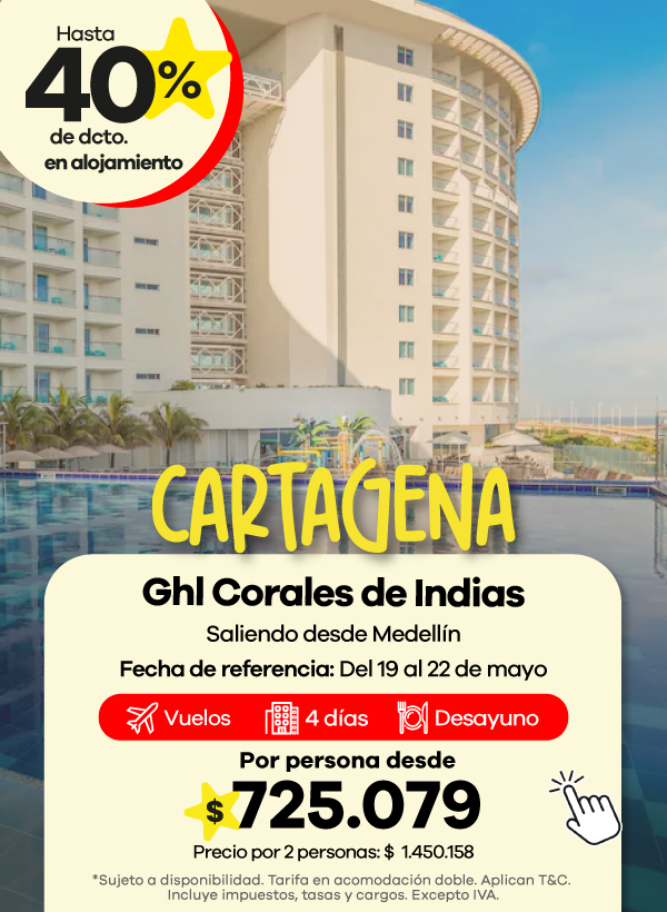 Promotional travel ad: hotel by the pool in Cartagena with up to 40% discount and price from 725,079 per person (promo details shown).