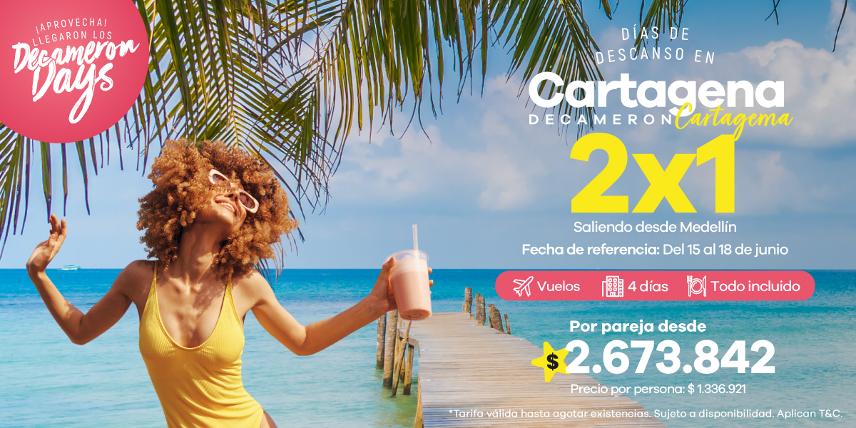 Publicidad de viaje: mujer con vestido amarillo baila en la playa junto a palmeras; oferta 2x1 Cartagena desde Medellín.