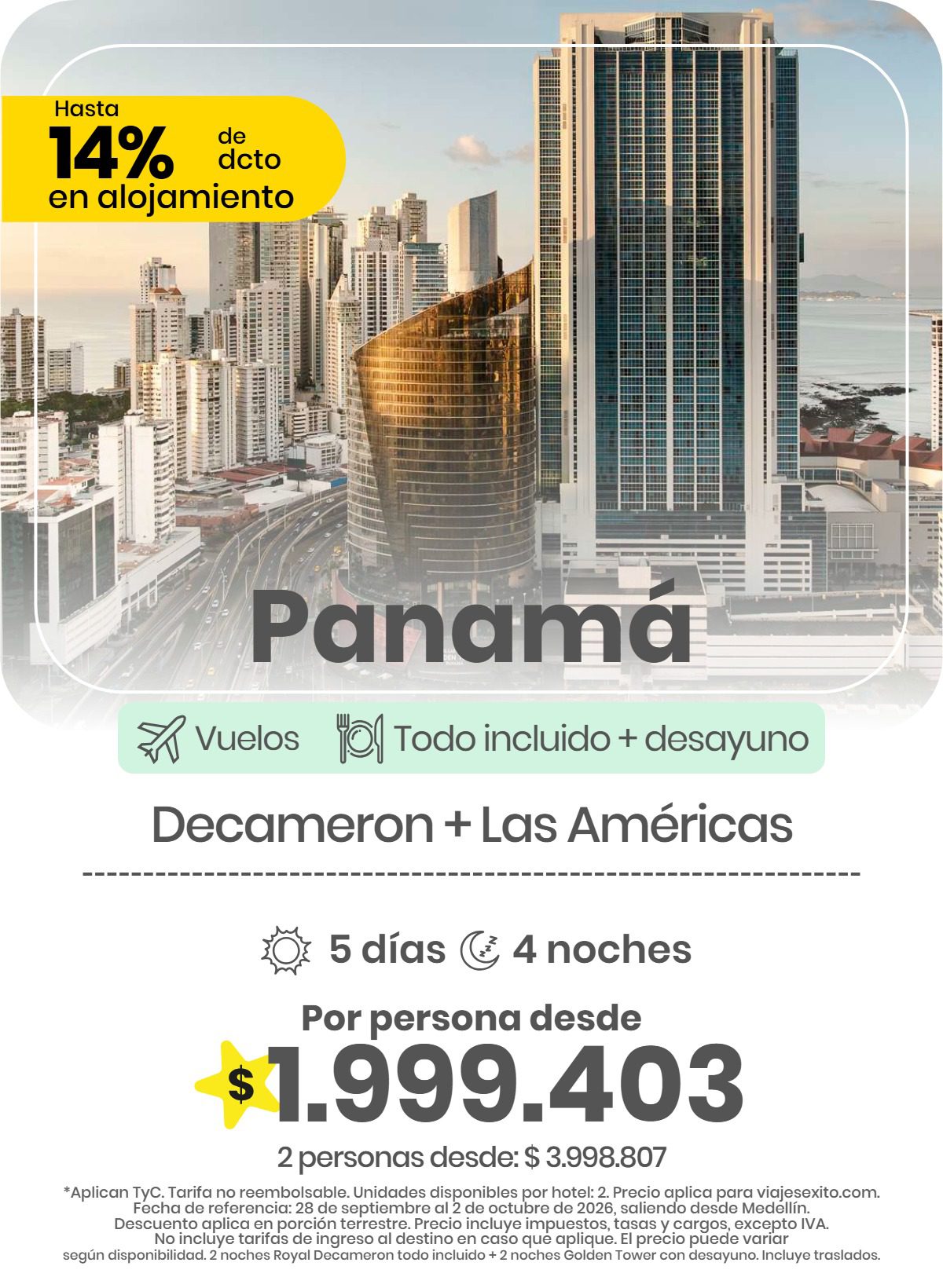 Paquete vuelo y hotel a Panamá combinado Decameron más Las Américas, 5 días y 4 noches desde Medellín, 28 de septiembre al 2 de octubre de 2026