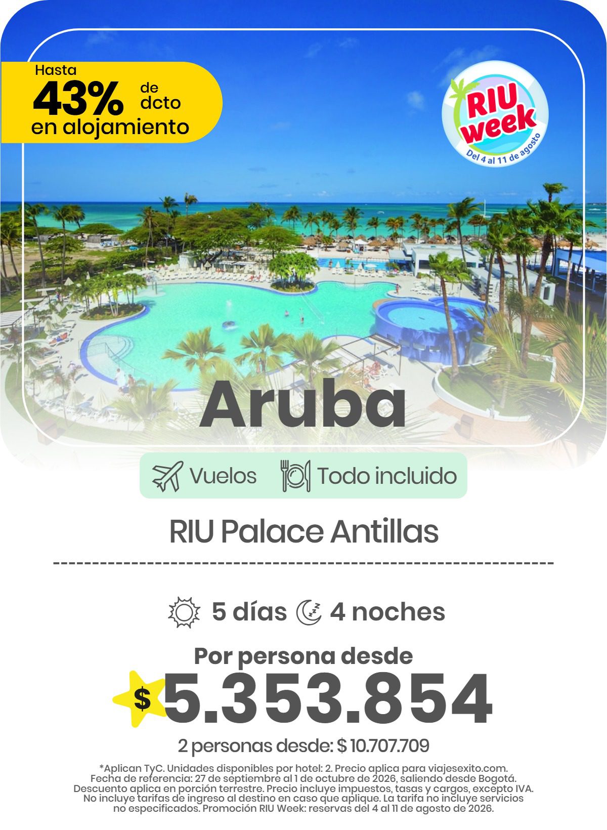 Paquete vuelo y hotel a Aruba en el RIU Palace Antillas, 5 días y 4 noches desde Bogotá, 27 de septiembre al 1 de octubre de 2026
