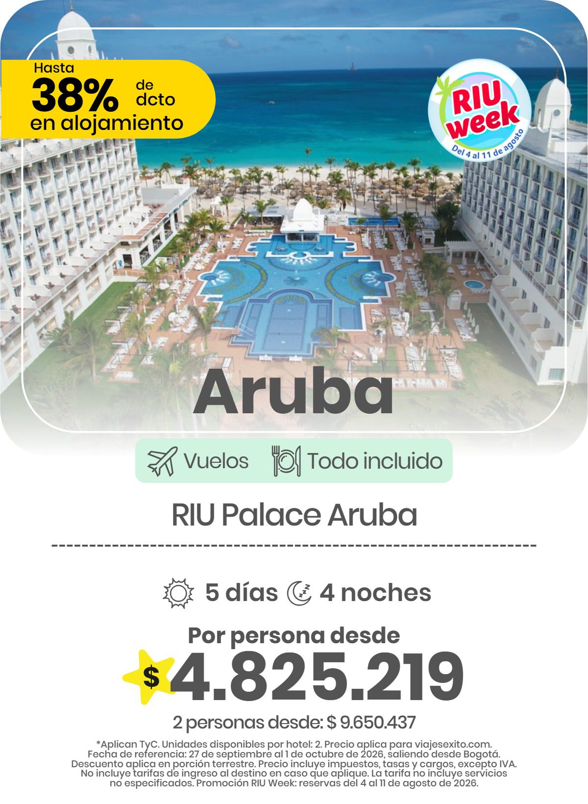 Paquete vuelo y hotel a Aruba en el RIU Palace Aruba, 5 días y 4 noches desde Bogotá, 27 de septiembre al 1 de octubre de 2026