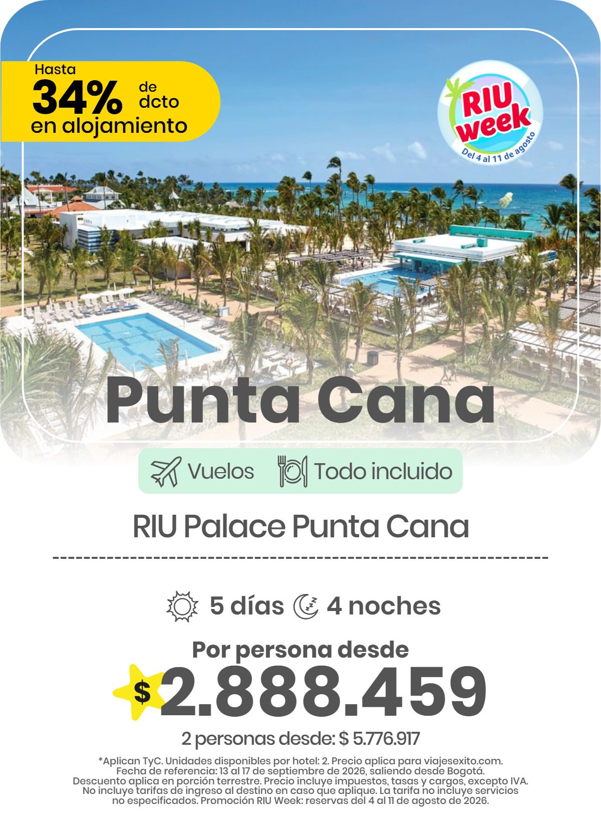 Paquete vuelo y hotel a Punta Cana en el RIU Palace Punta Cana, 5 días y 4 noches desde Bogotá, 13 al 17 de septiembre de 2026