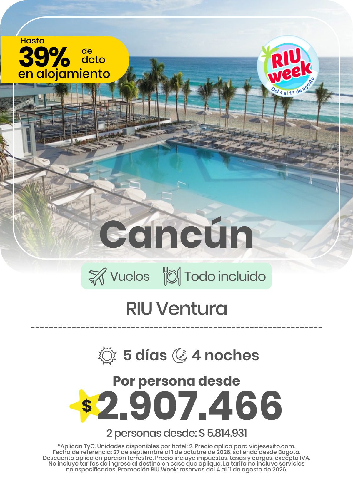 Paquete vuelo y hotel a Cancún en el RIU Ventura, 5 días y 4 noches desde Bogotá, 27 de septiembre al 1 de octubre de 2026
