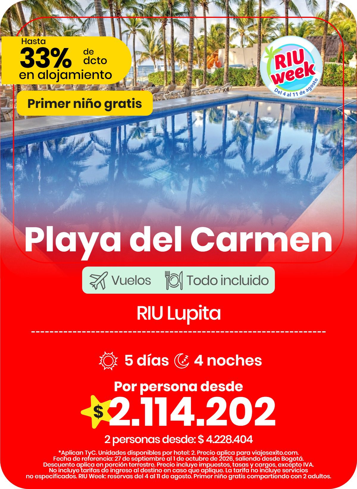 Paquete vuelo y hotel a Playa del Carmen en el RIU Lupita, 5 días y 4 noches desde Bogotá, 27 de septiembre al 1 de octubre de 2026