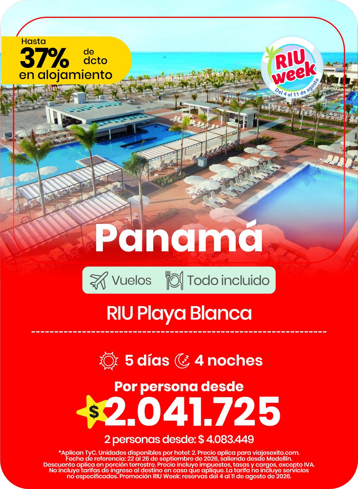 Paquete vuelo y hotel a Panamá en el RIU Playa Blanca, 5 días y 4 noches desde Medellín, 22 al 26 de septiembre de 2026