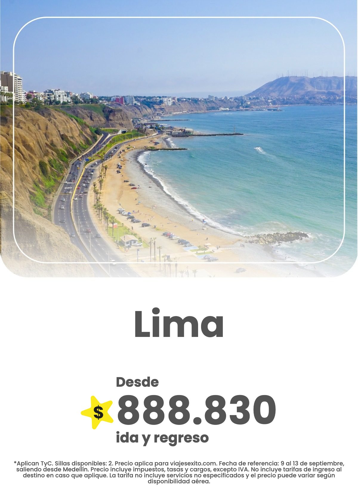 Vuelo ida y regreso de Medellín a Lima, 9 al 13 de septiembre de 2026