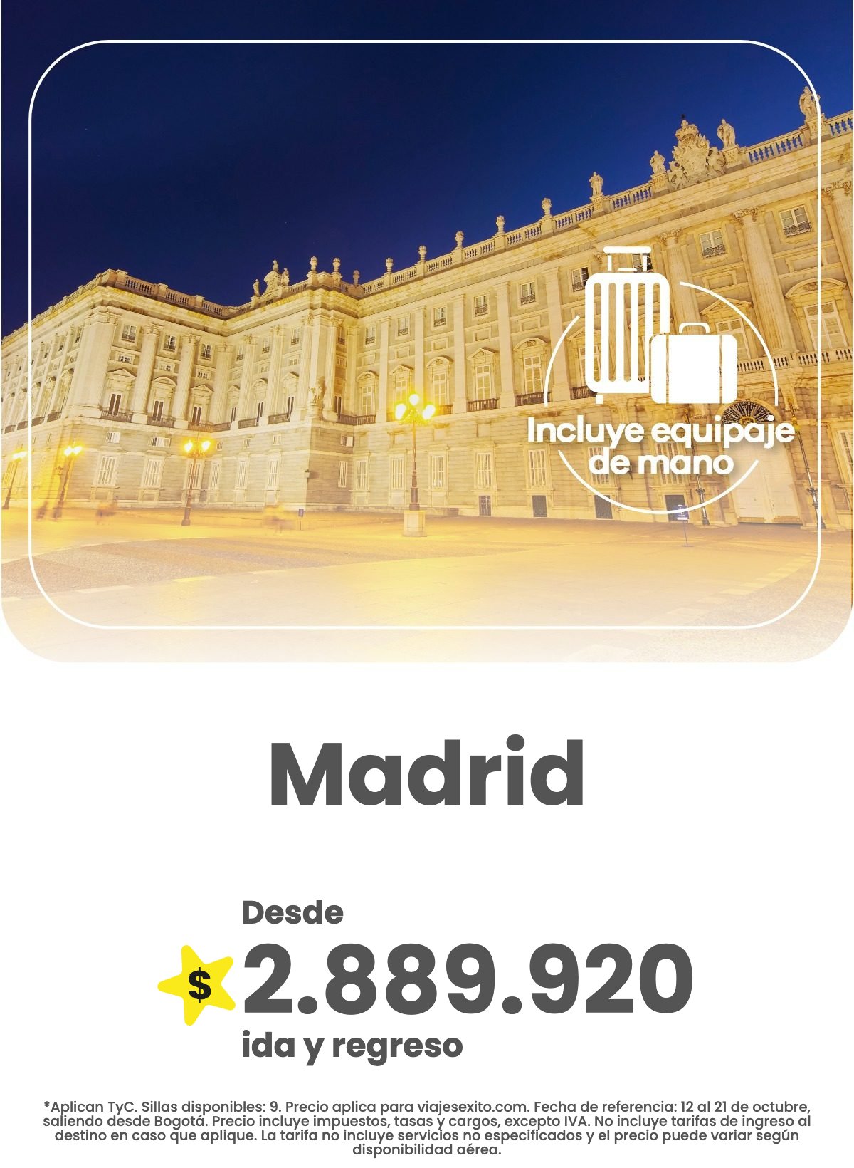Vuelo ida y regreso de Bogotá a Madrid, 12 al 21 de octubre de 2026