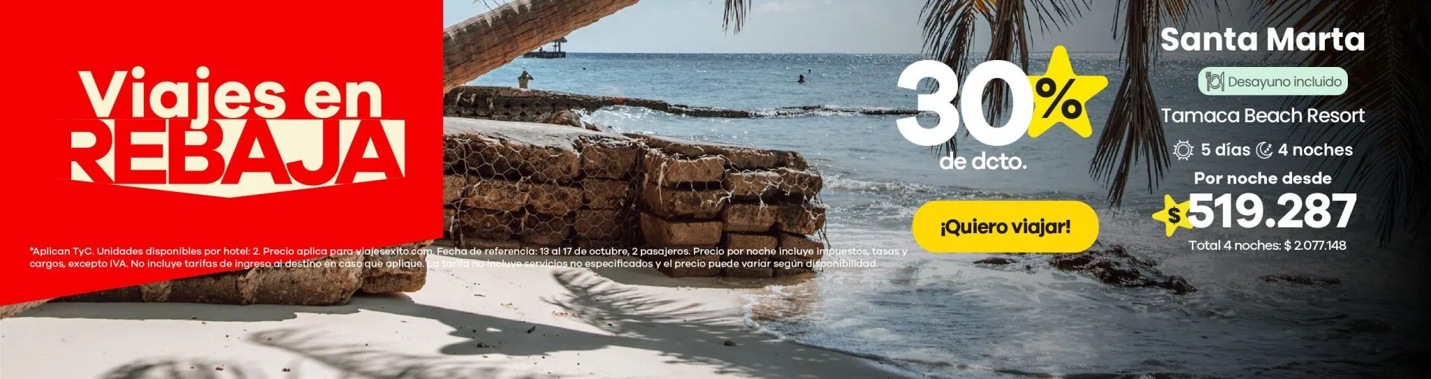 Viajes en Rebaja: hotel Tamaca Beach Resort en Santa Marta, 5 días 4 noches con desayuno incluido, 30% de descuento