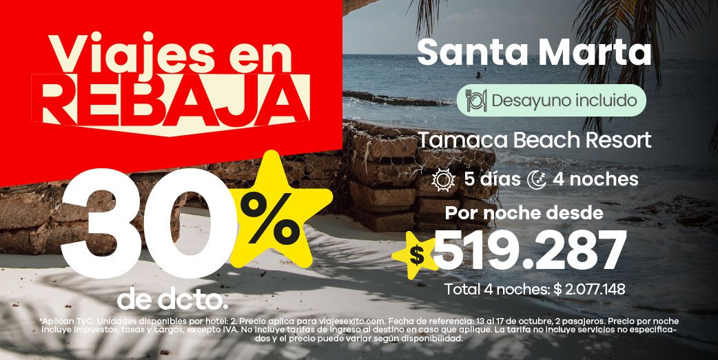 Viajes en Rebaja: hotel Tamaca Beach Resort en Santa Marta, 5 días 4 noches con desayuno incluido, 30% de descuento