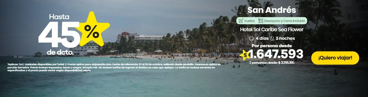 Paquete a San Andrés: Sol Caribe Sea Flower con desayuno y cena, hasta 45% de descuento en alojamiento