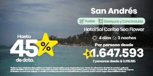 Paquete a San Andrés: Sol Caribe Sea Flower con desayuno y cena, hasta 45% de descuento en alojamiento