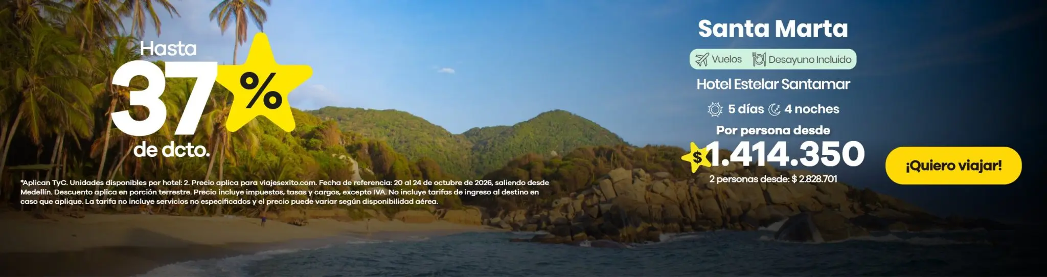 Paquete a Santa Marta: Hotel Estelar Santamar, 5 días y 4 noches con desayuno, hasta 37% de descuento en alojamiento