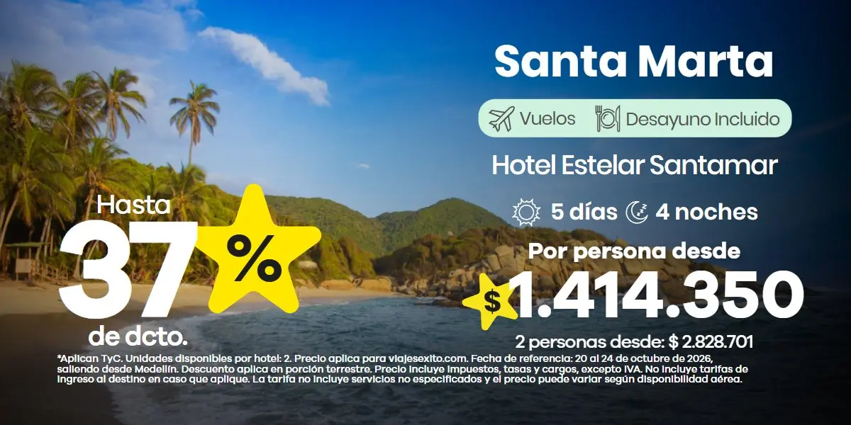 Paquete a Santa Marta: Hotel Estelar Santamar, 5 días y 4 noches con desayuno, hasta 37% de descuento en alojamiento