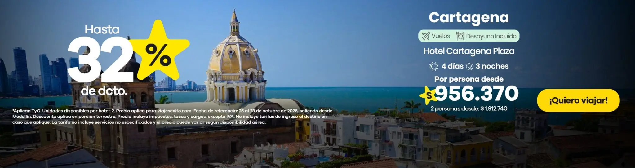 Paquete a Cartagena: Hotel Cartagena Plaza, 4 días y 3 noches con desayuno, hasta 32% de descuento en alojamiento
