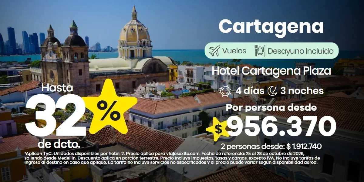 Paquete a Cartagena: Hotel Cartagena Plaza, 4 días y 3 noches con desayuno, hasta 32% de descuento en alojamiento